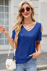 Royal blue sequin cold shoulder top with crisscross neckline detail