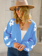 Blue acrylic floral puff sleeve open cardigan with white blooms