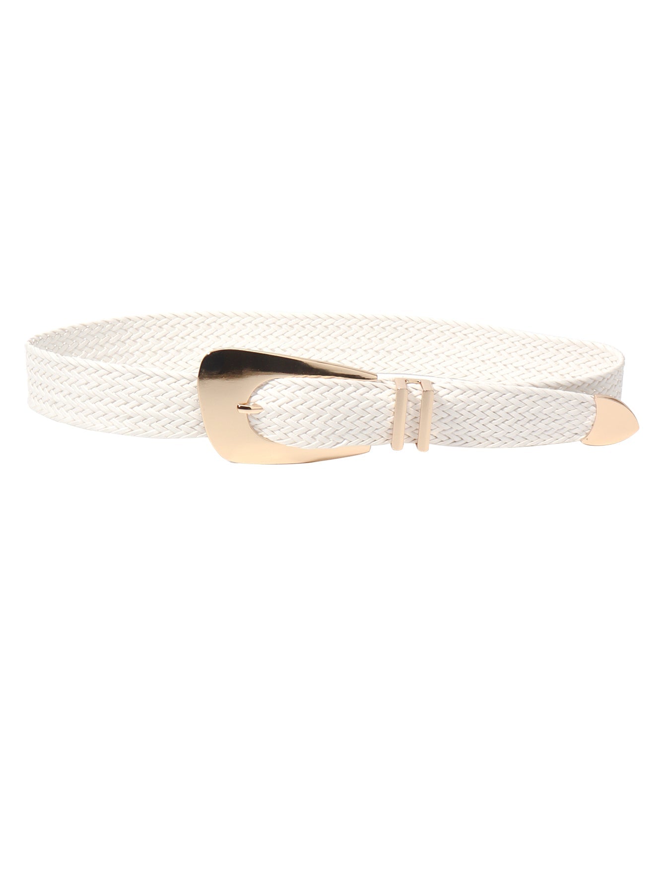 White woven raffia belt with gold-tone buckle and tip.