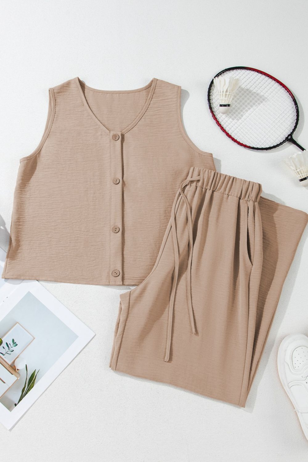 Camel button-front vest and drawstring palazzo pants set