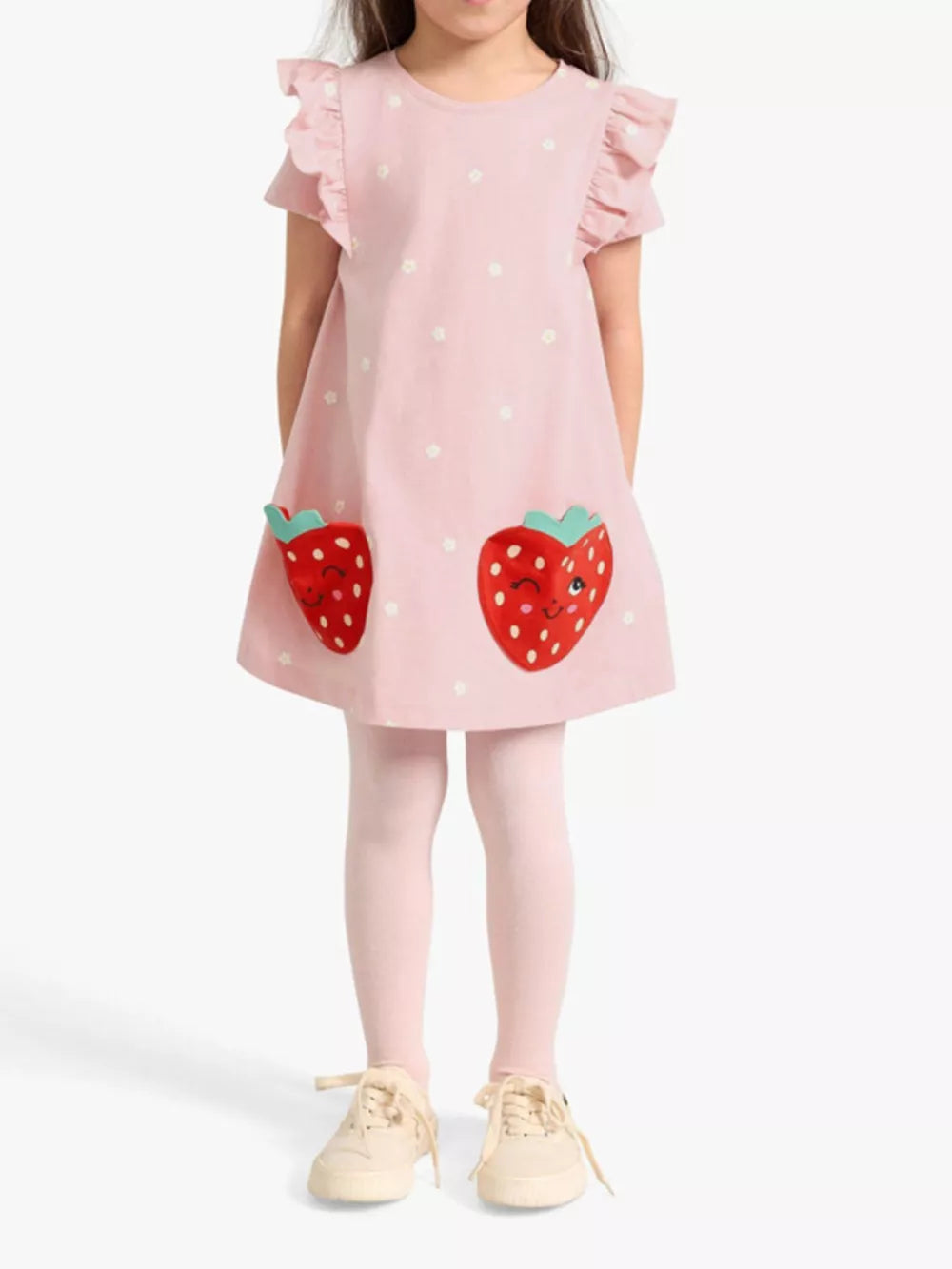 Pink cotton dress with strawberry applique and white polka dots.