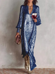 Blue sequin maxi dress with lantern sleeves and a deep V-neck, slit hem.