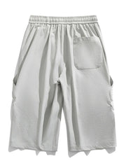 Men's light gray cargo capris with adjustable drawstring and back pocket.