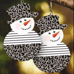 Festive snowman drop earrings with leopard print hats and striped bodies.