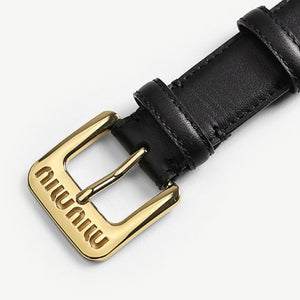 Black cowhide leather belt with gold buckle detail