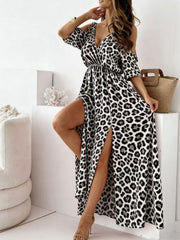 White leopard print cold shoulder maxi dress with high slit, cotton blend