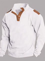 White waffle knit henley shirt with brown suede shoulder patches and collar accents.