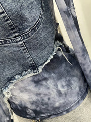 Edgy asymmetrical denim t-shirt with tie-dye mesh underlayer and butterfly print.