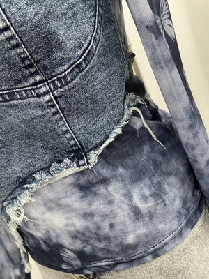 Edgy asymmetrical denim t-shirt with tie-dye mesh underlayer and butterfly print.