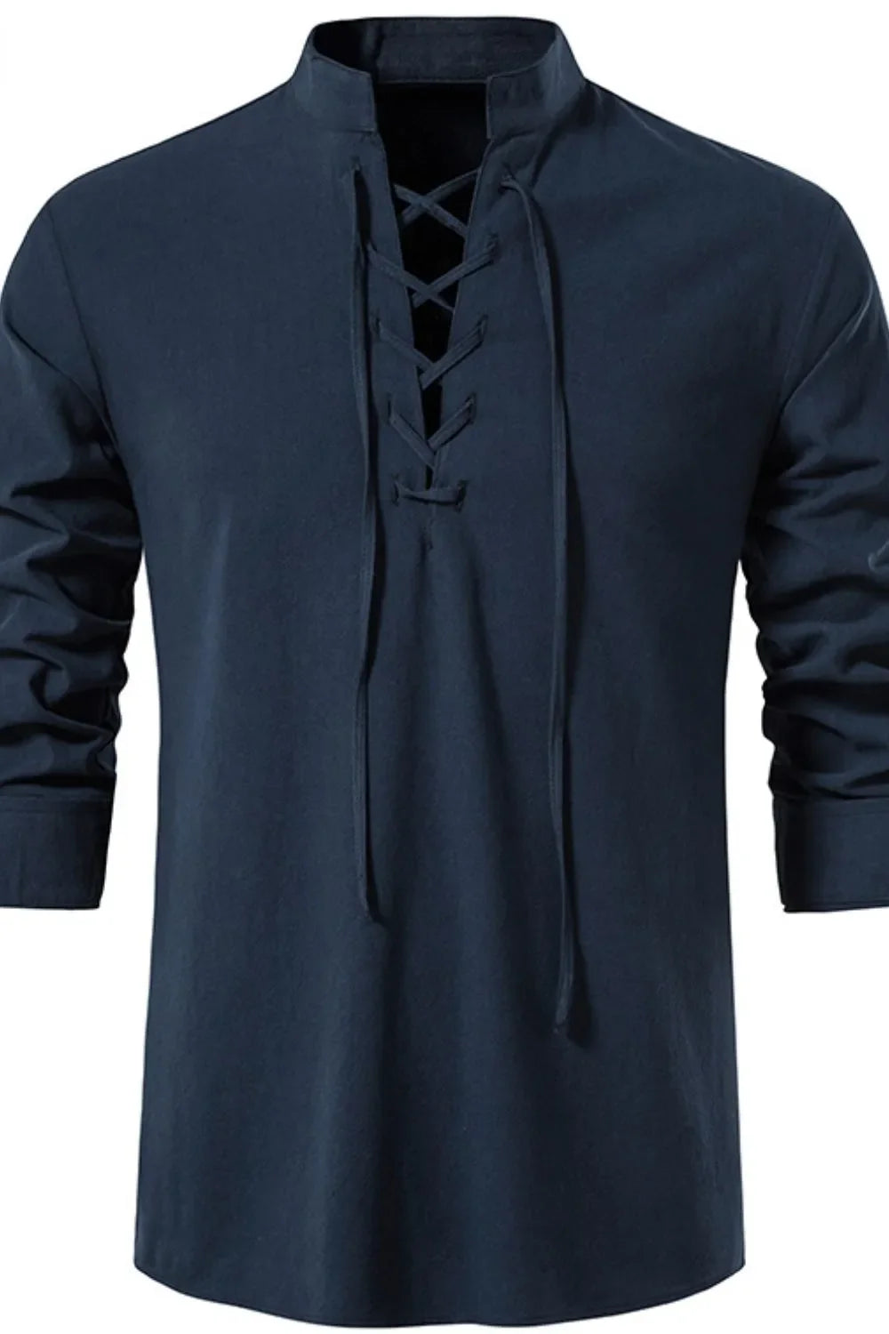 Peacock blue linen shirt with mandarin collar and lace-up detail