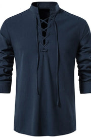 Peacock blue linen shirt with mandarin collar and lace-up detail