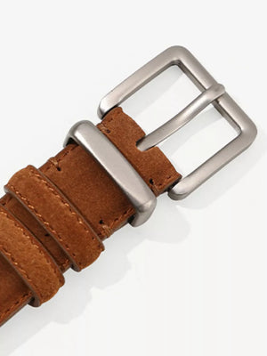 Brown cowhide leather belt with silver buckle and keeper loop.