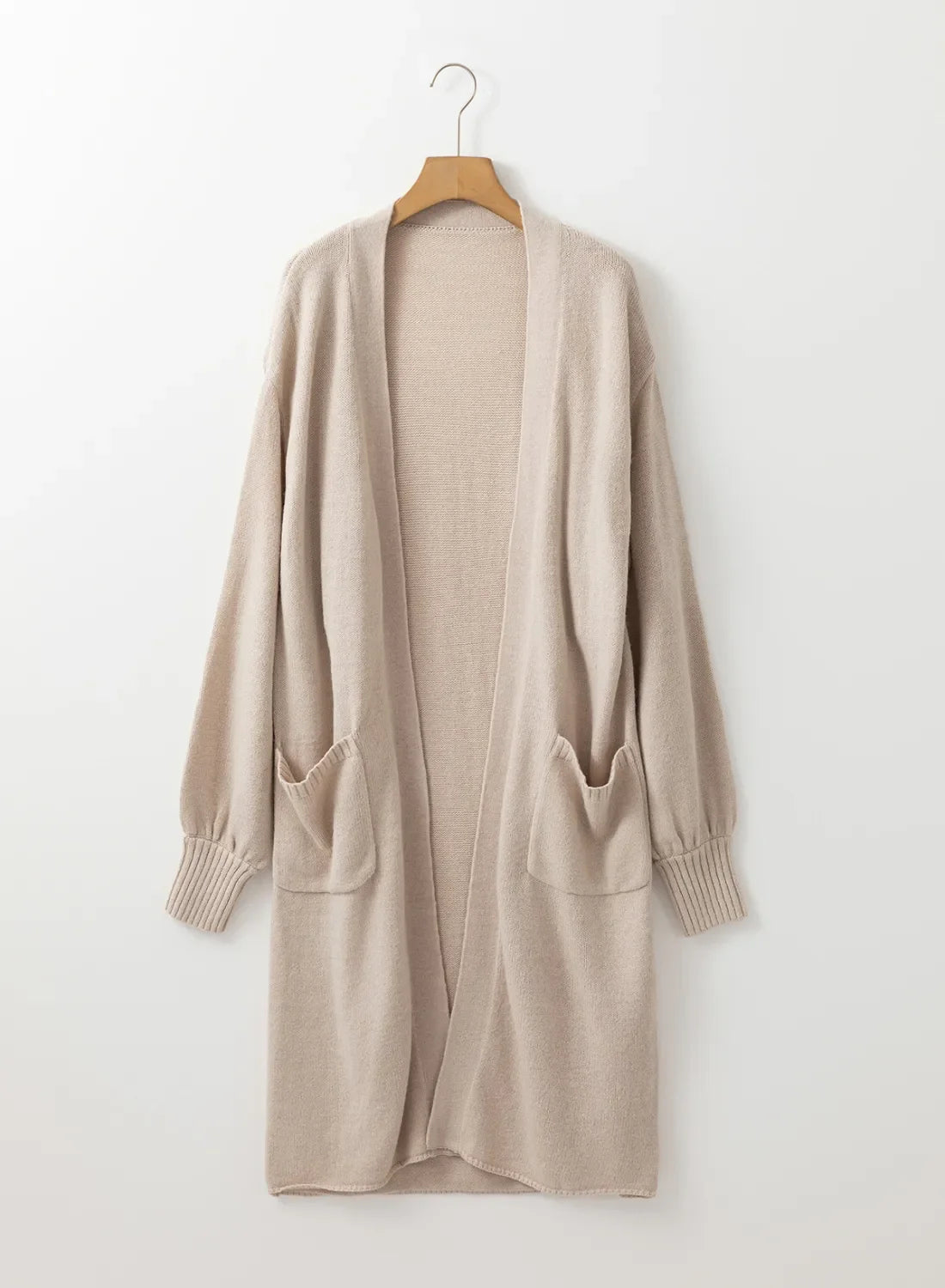 Oversized sleeve maxi cardigan in Dust Storm with two front pockets and ribbed cuffs.