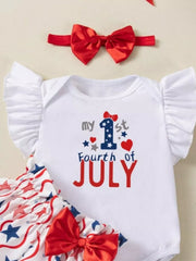 Baby outfit set with "My 1st Fourth of July" print, stars, and bows.
