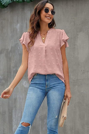 Dusty Pink flutter sleeve Swiss dot blouse with V-neck