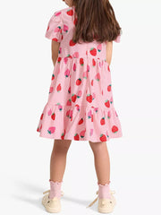 Pink strawberry print tiered dress with puff sleeves and ruffled hem.