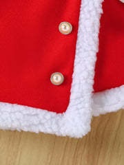 Red baby outfit with white sherpa trim and pearl buttons.