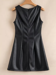 Black vegan leather sleeveless mini dress with a V-neck and a back zipper.