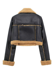 Black cropped aviator jacket with shearling trim and collar
