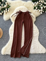 Brown maternity wide-leg pants with tie waist and side slit detail