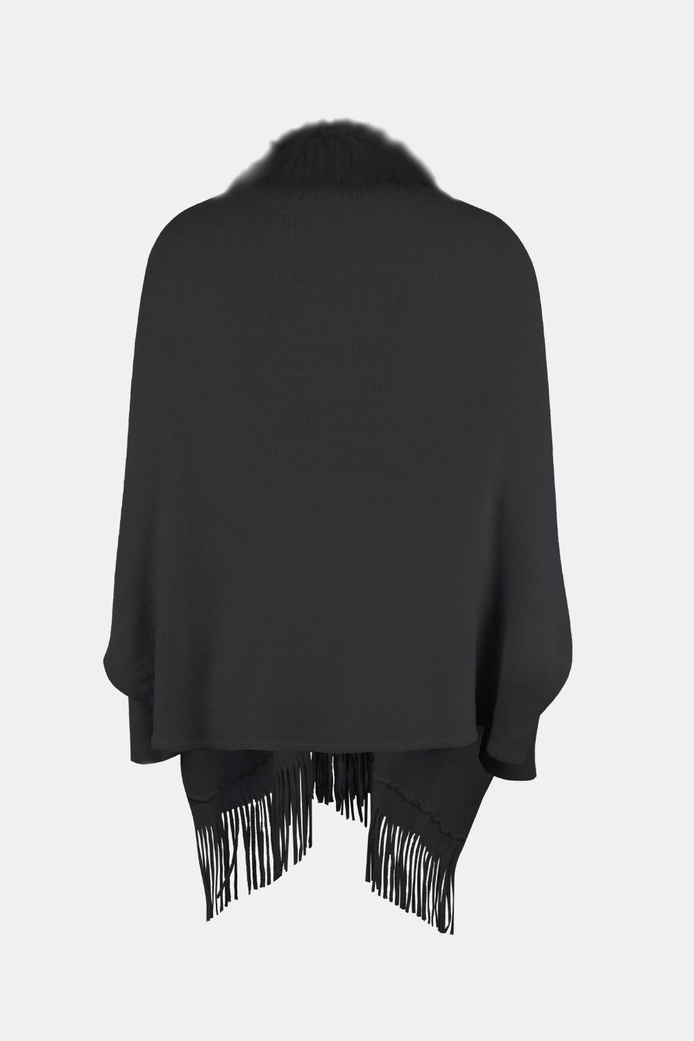 Black faux fur trimmed fringe cape with a relaxed fit.
