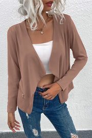 Mocha drape front jacket with zip detail and open neckline, styled with a white top and jeans.