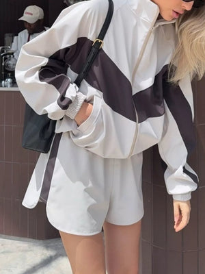 Color Block Zip Up Outerwear And Shorts Set in Green, side view