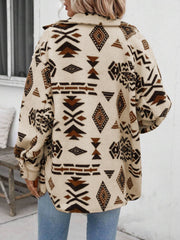 Tan Aztec print sherpa shacket with button front and collar.