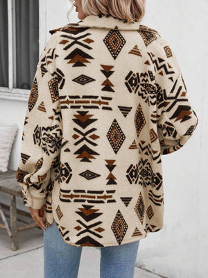 Tan Aztec print sherpa shacket with button front and collar.