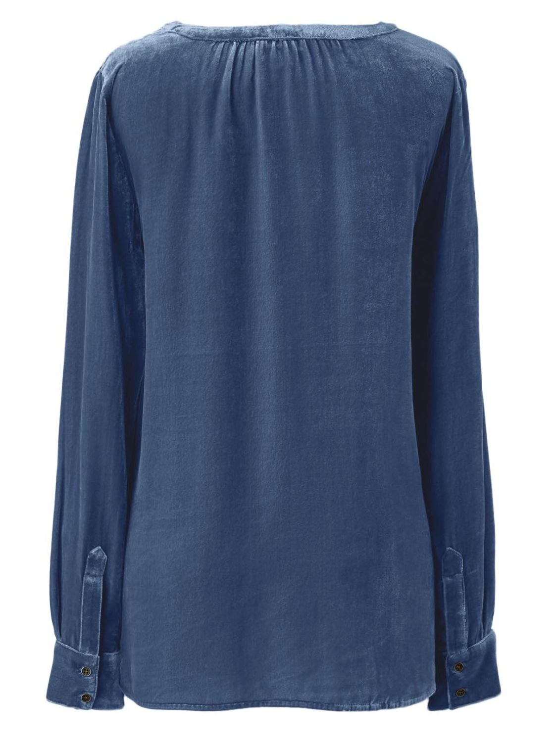 Dusty blue velvet blouse with gathered yoke and buttoned cuffs.