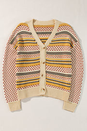 Geometric knit cropped cardigan in khaki with a fair isle pattern and button front.