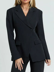 Black single-button blazer with lapel and flap pockets, worn open.