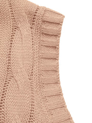 Pink cable knit sweater vest with ribbed trim and textured knit detail.