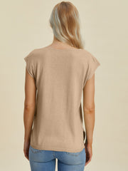 Keyhole neckline knit tee in Caramel acrylic with cap sleeves and a relaxed fit.