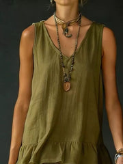 Green tiered ruffled hem V-neck dress with a relaxed fit.