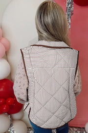 Striped Quilted Snap Button Vest in Dark Brown, model styling view