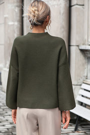 Army green ribbed mock neck sweater with volume sleeves.