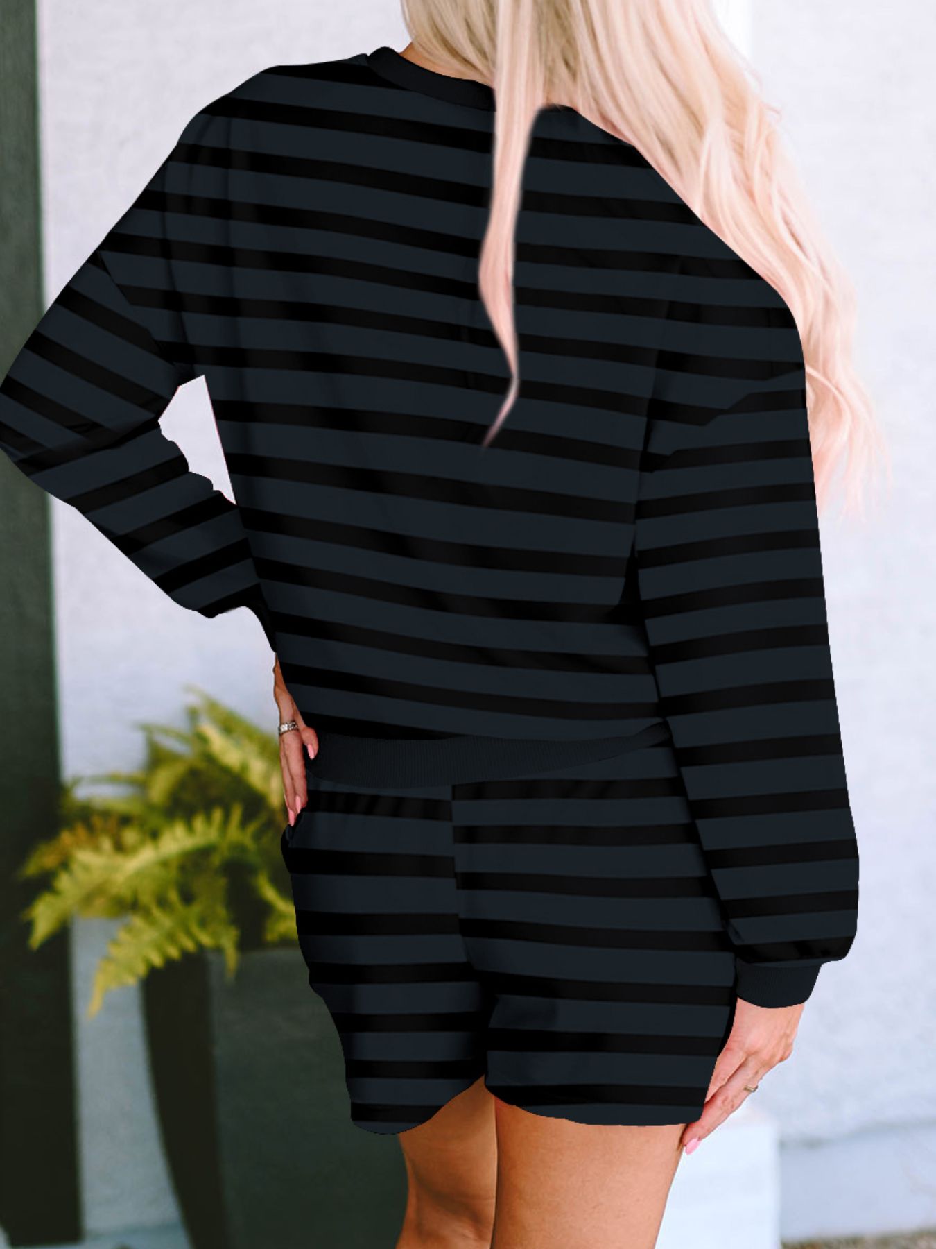 Dark gray striped long sleeve pajama top and shorts set with crew neck