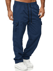 Navy blue cargo pants with adjustable drawstring waist and button flap pockets.