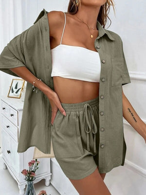 Sage linen shirt and shorts set with drawstring waist and button front.