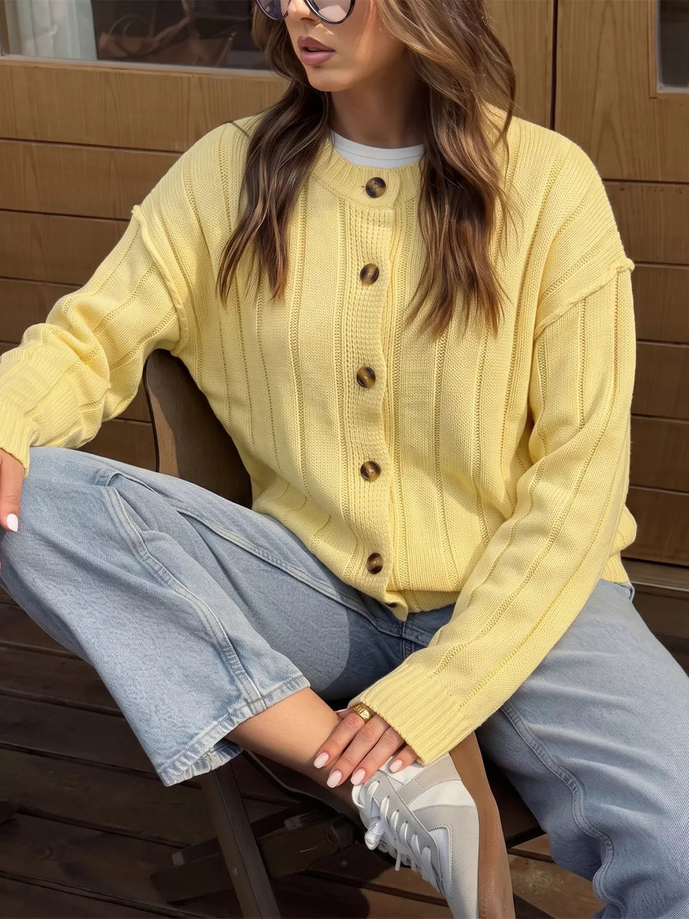Button Up Dropped Shoulder Cardigan, model styling view