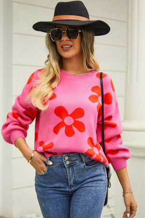 Hot Pink acrylic sweater with red flower intarsia, crew neck, long sleeves.