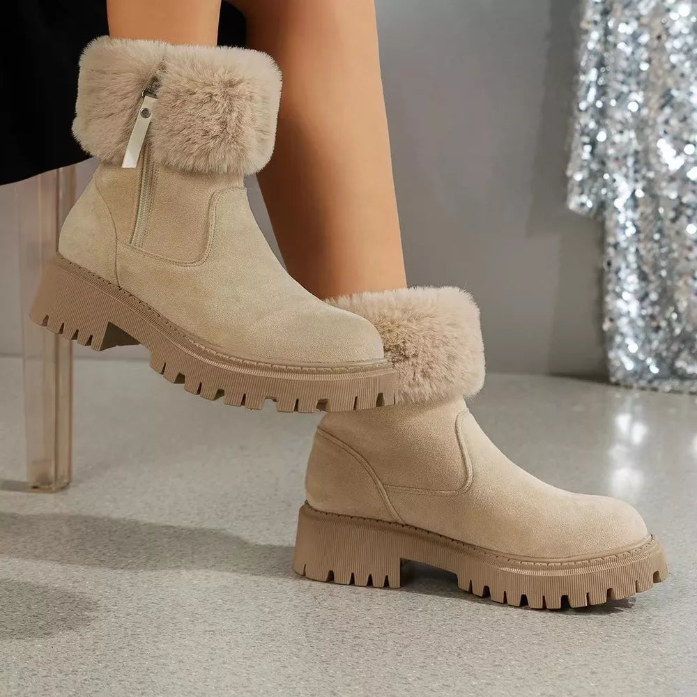 Creamy-white suede ankle boots with faux fur trim and side zipper on chunky sole.