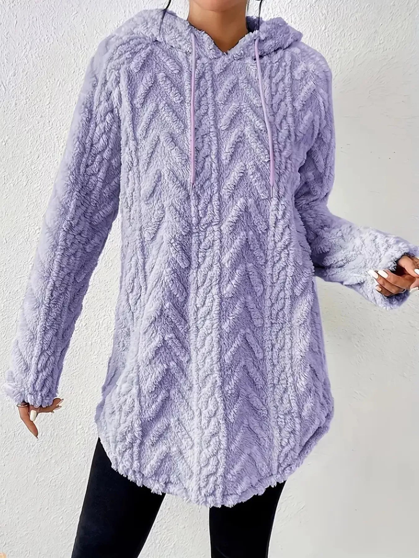 Purple textured drawstring fleece hoodie with chevron pattern and relaxed fit.