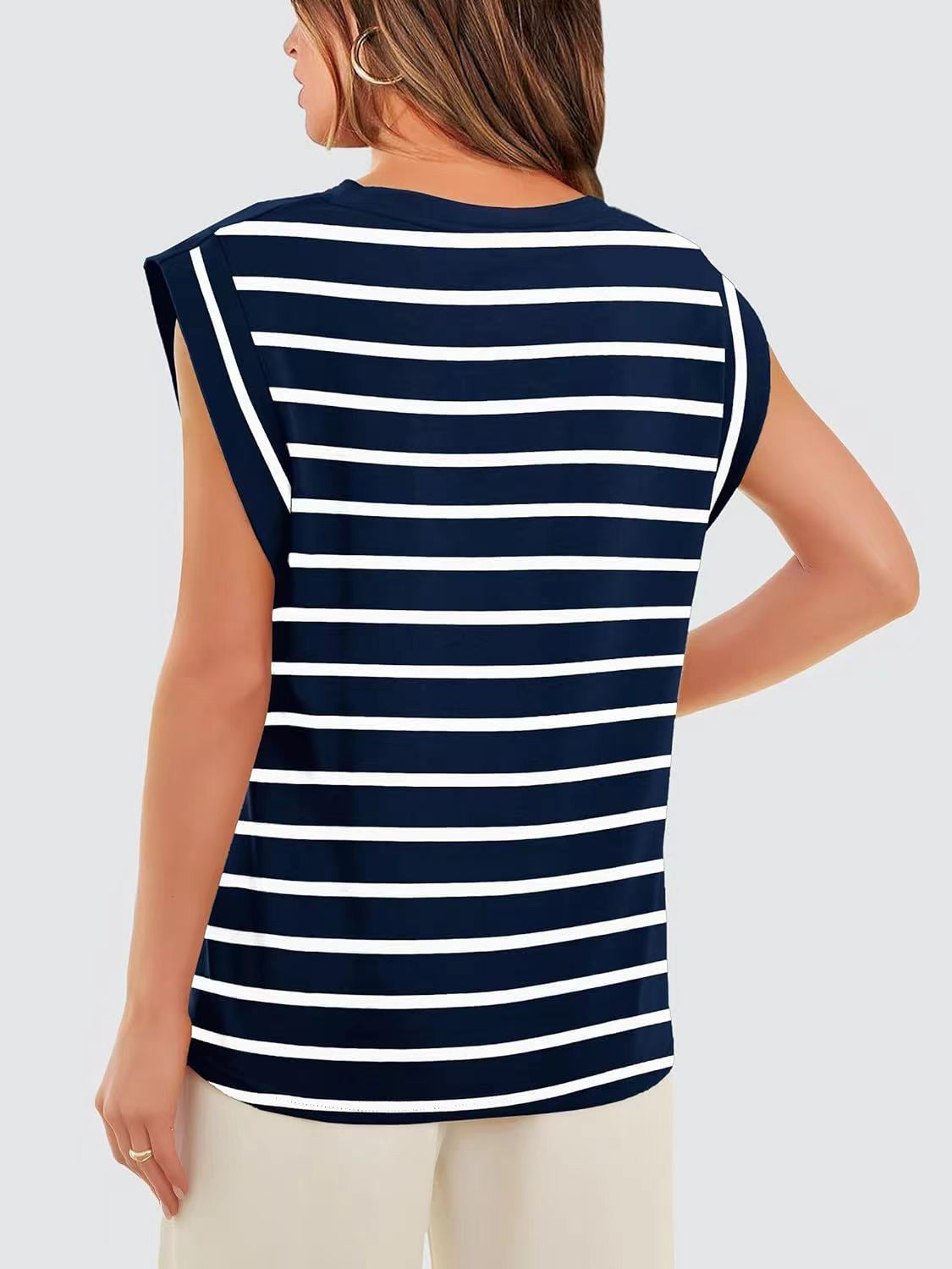 Navy and white striped tank top with padded shoulders and a crew neck.
