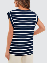 Navy and white striped tank top with padded shoulders and a crew neck.