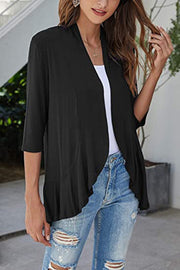Black asymmetrical ruffle hem cardigan with 3/4 sleeves