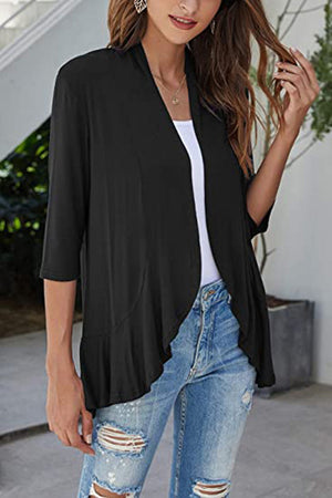 Black asymmetrical ruffle hem cardigan with 3/4 sleeves