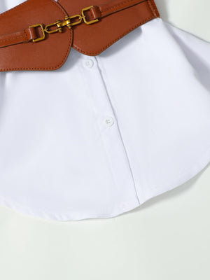 Toddler white button-down shirt dress with brown belted waist detail