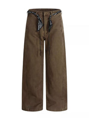 Belted wide-leg maternity pants in dark brown with patterned tie belt and beaded drawstring.